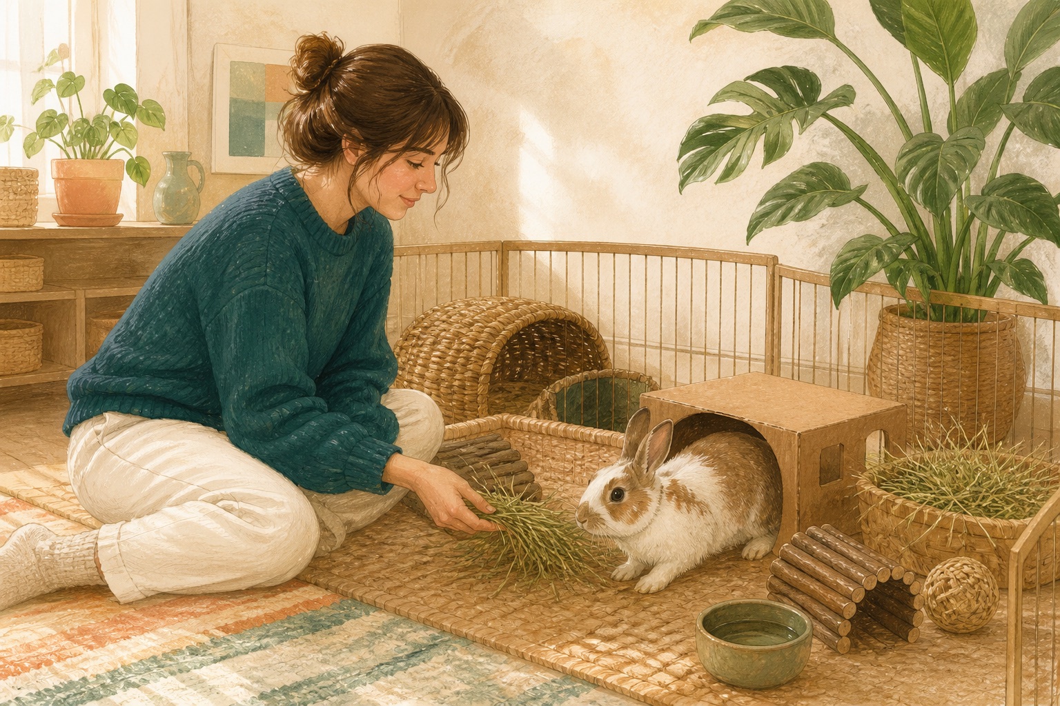 A rabbit exploring a calm home enclosure beside a person