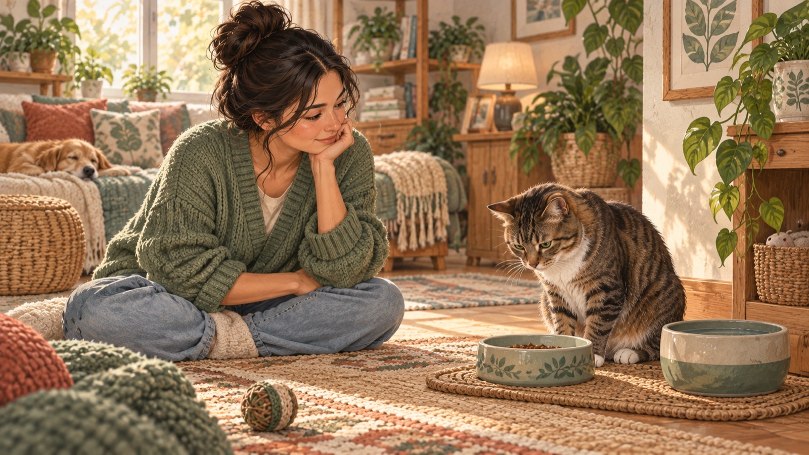 A caregiver quietly observing a tabby cat that has paused beside its usual food bowl and fresh water