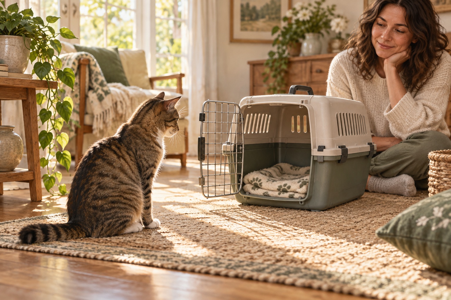 A tabby cat sitting beside an open carrier while its caregiver watches calmly