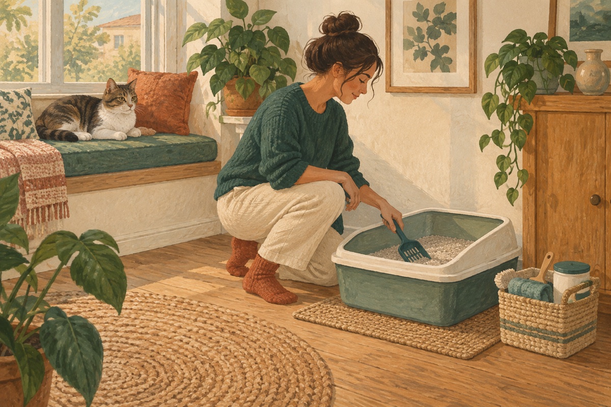 A caregiver scooping a large open litter box while a relaxed cat watches from a nearby window seat