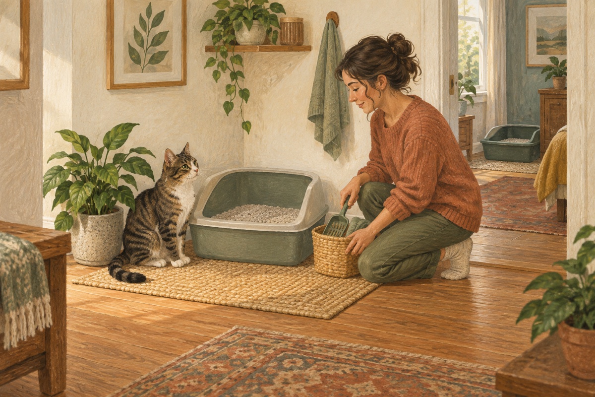 Un gato junto a un arenero limpio mientras su cuidadora guarda la pala y otro arenero se ve en otra habitación
