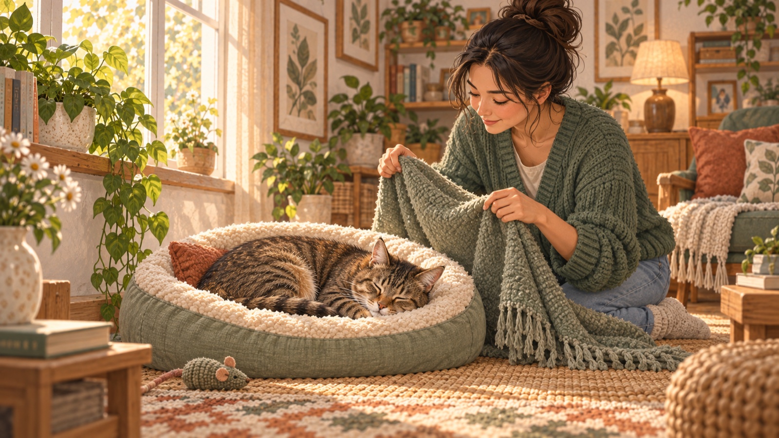 A tabby cat sleeping in a soft bed while its caregiver quietly protects the resting space
