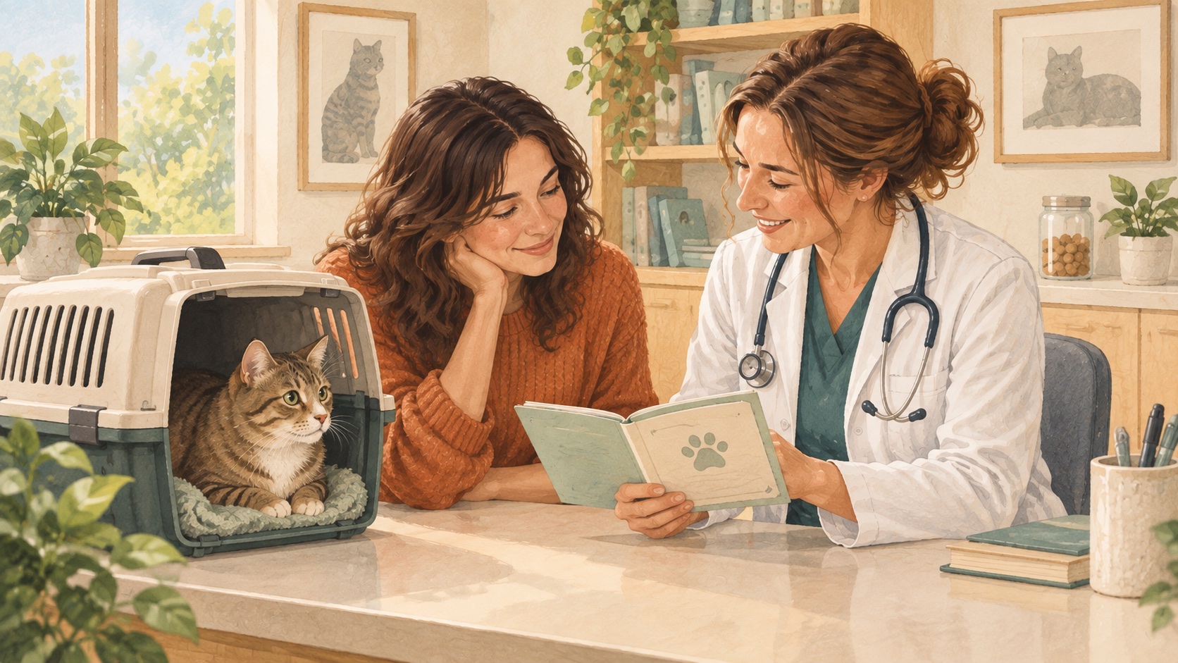 A veterinarian and caregiver review a cat's vaccination booklet while the cat rests in an open carrier