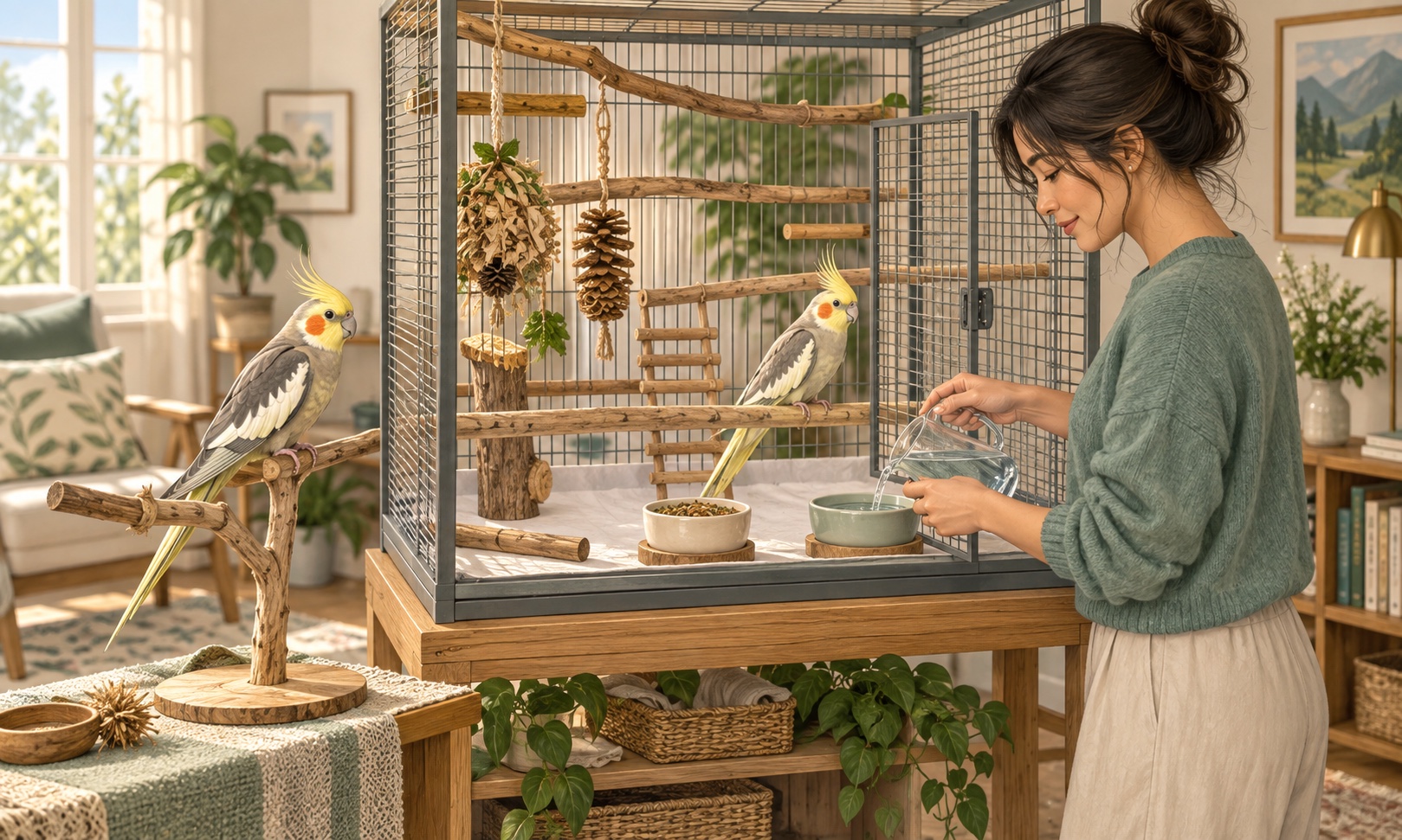 A caregiver refreshing water beside a spacious companion-bird enclosure with two cockatiels