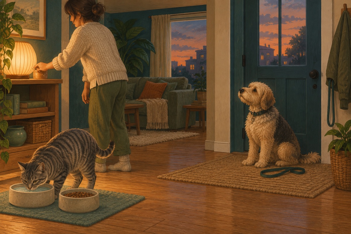 A cat drinking, a dog waiting by its lead and a caregiver dimming a lamp as three calm daily routine anchors