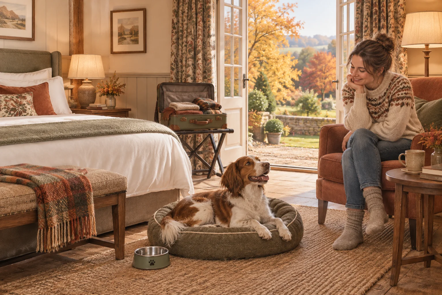 Ein Hund ruht auf seinem Hundebett neben einer Reisenden in einem Hotelzimmer mit Blick auf Herbstbäume