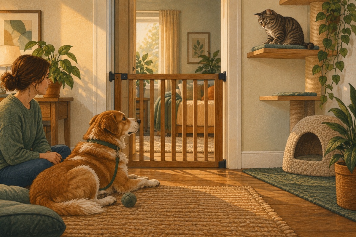 A calm dog on a loose lead and a cat on a high perch seeing each other through a secure baby gate