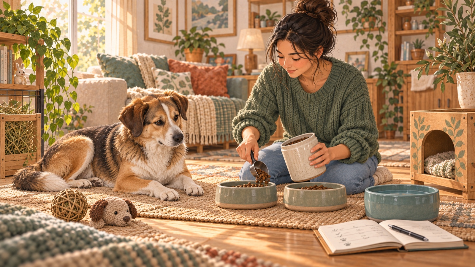 A caregiver measuring a dog’s food into ceramic bowls while the dog waits calmly beside fresh water