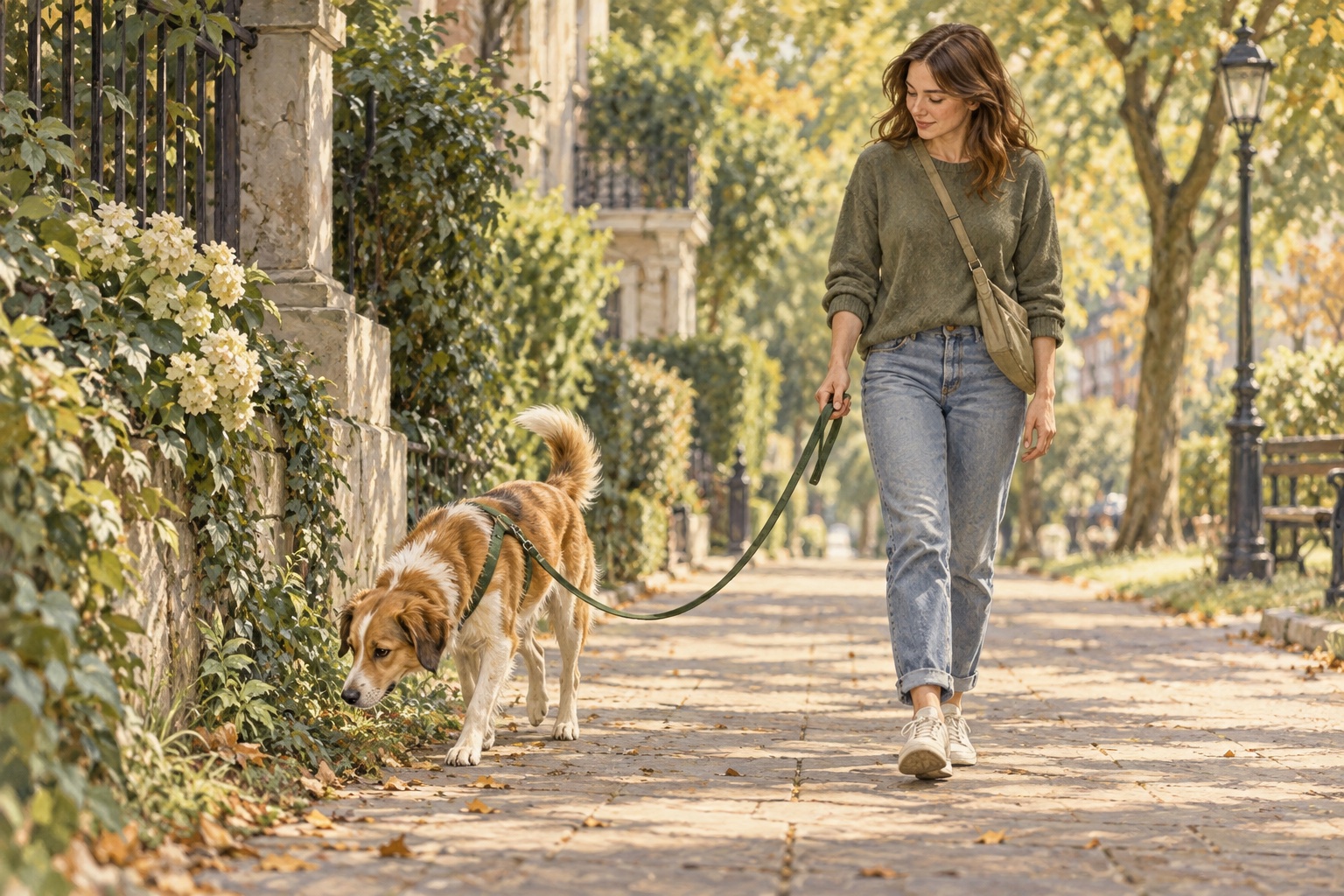 A dog sniffing beside a path while its caregiver holds a loose lead