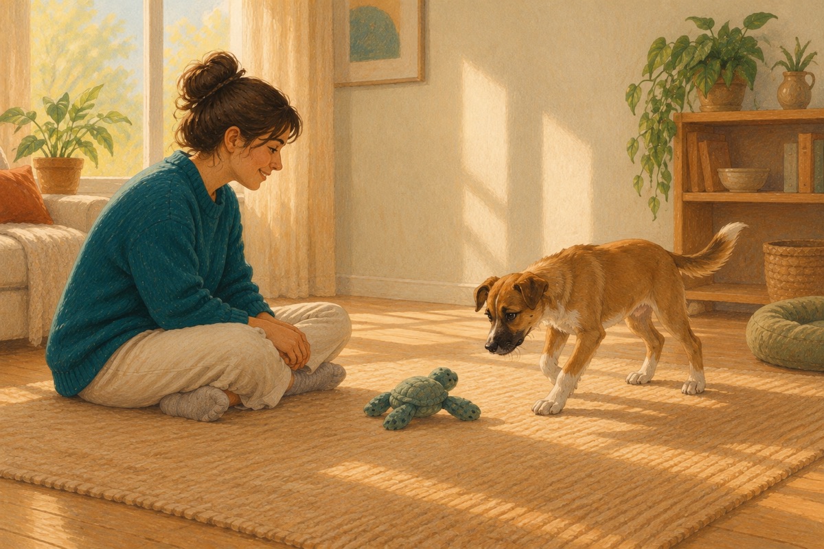 A caregiver pausing with relaxed hands while a young dog voluntarily approaches a soft toy again