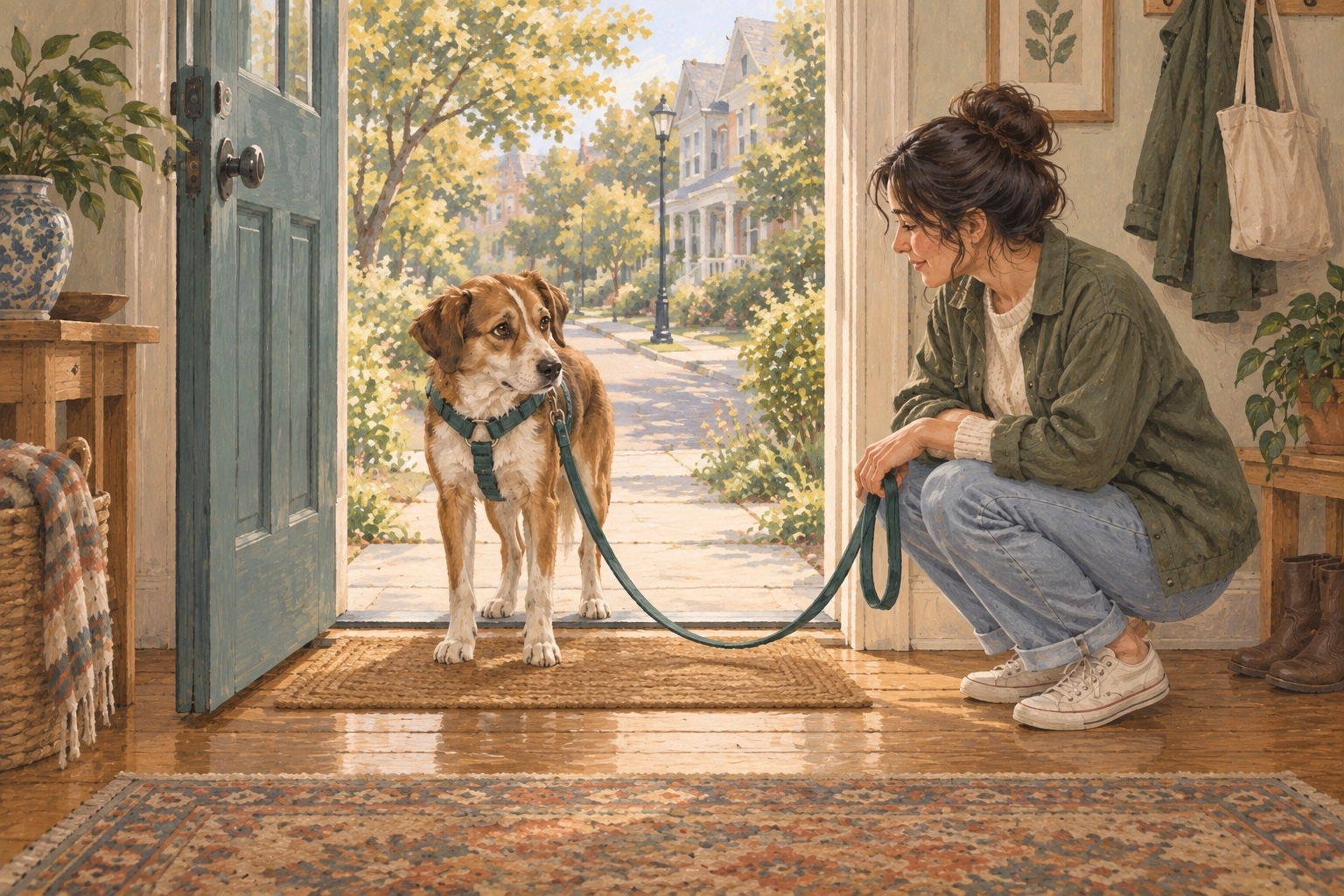 A dog pauses at an open doorway while a caregiver waits calmly without pulling