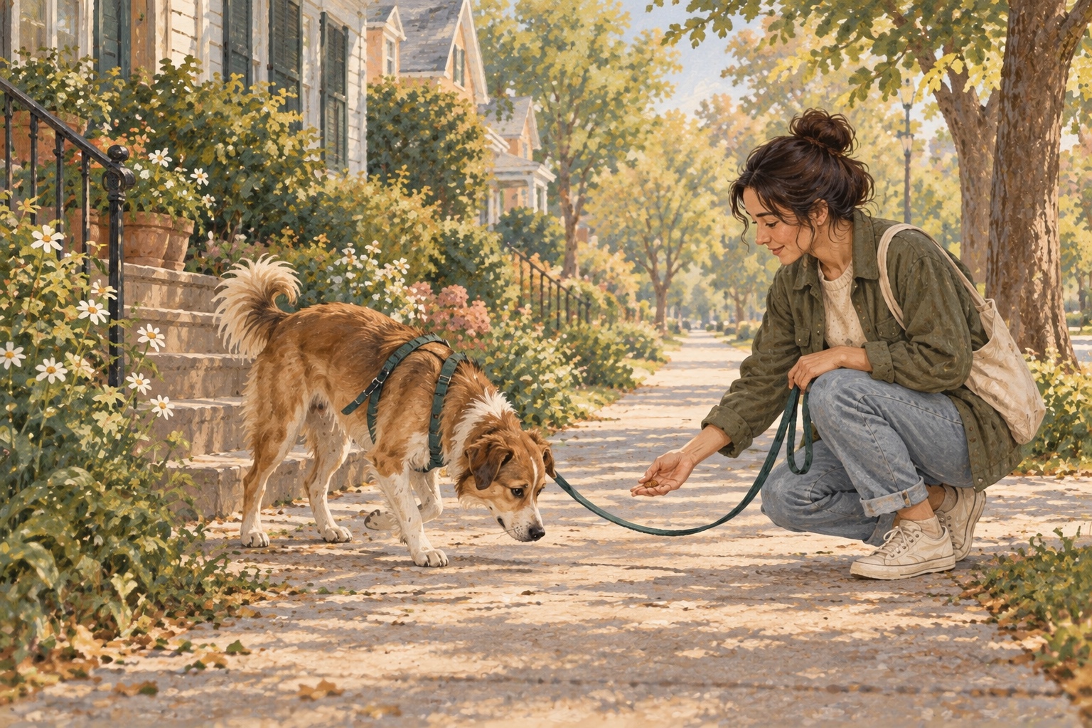 A caregiver rewards a dog for taking a small voluntary step on a quiet sidewalk