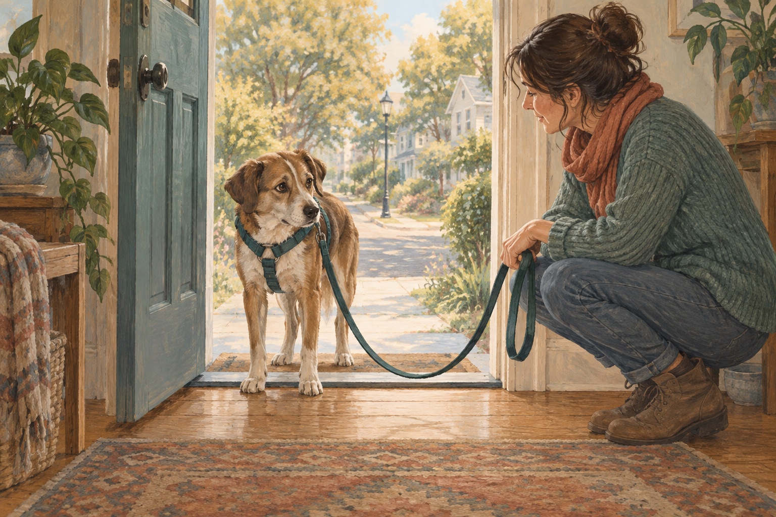 A calm caregiver crouching beside a hesitant dog near the open front door