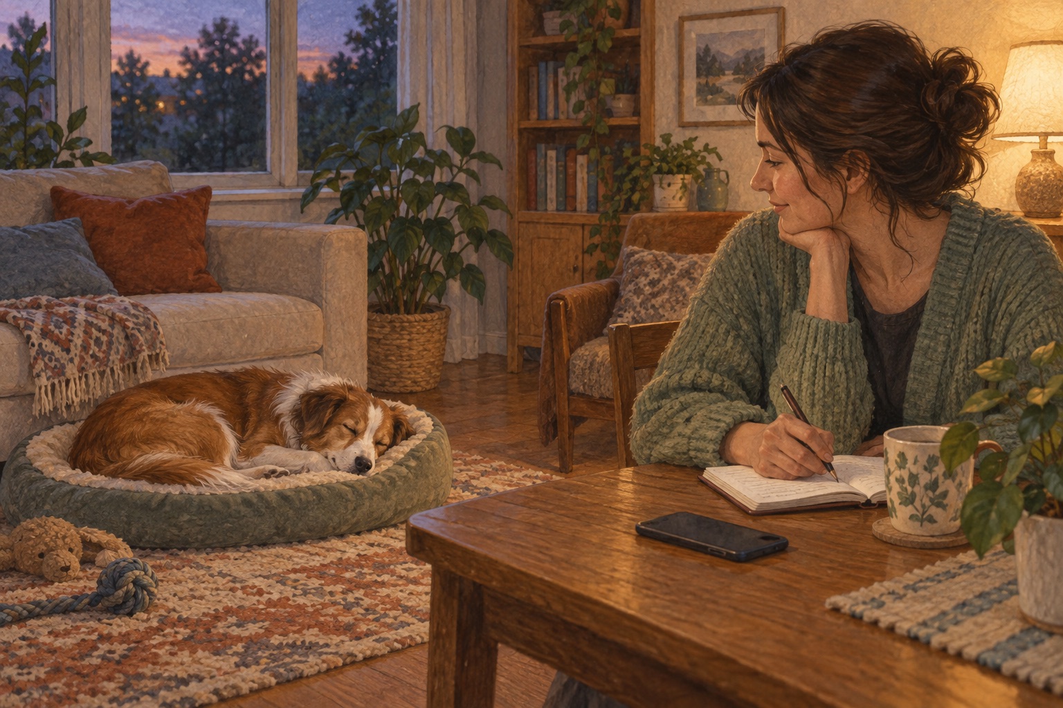 A caregiver making a brief note at a table while a dog sleeps undisturbed across the room