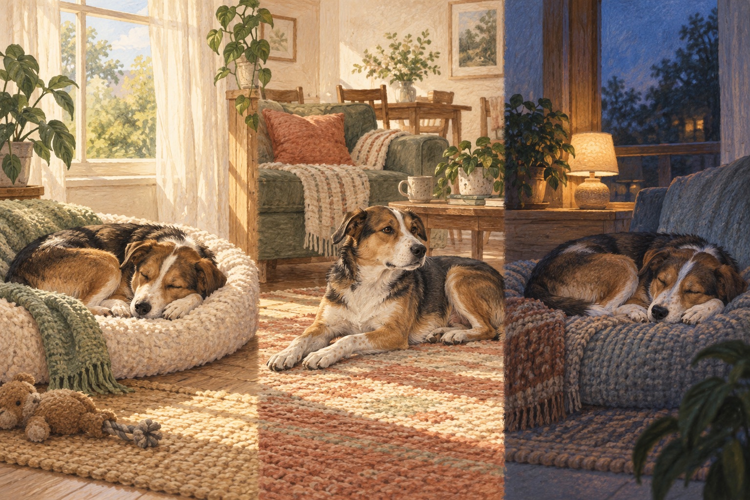 The same dog shown sleeping in the morning, resting awake during the day and sleeping again at night