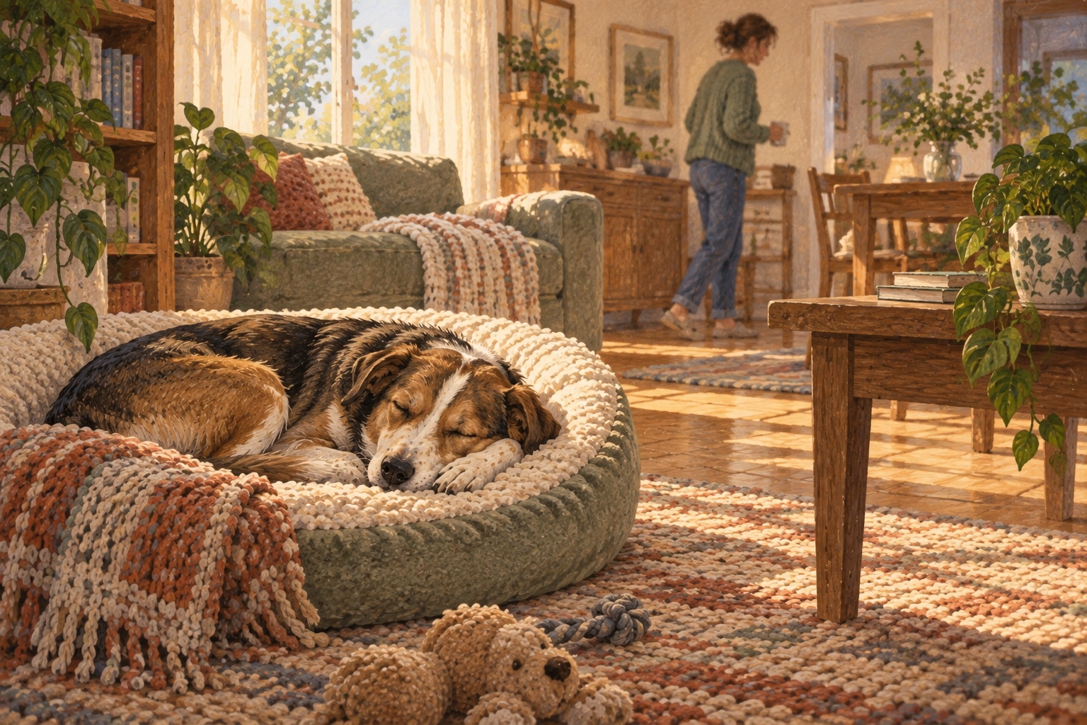 A dog sleeping comfortably in a soft bed while a caregiver moves quietly through a sunlit room