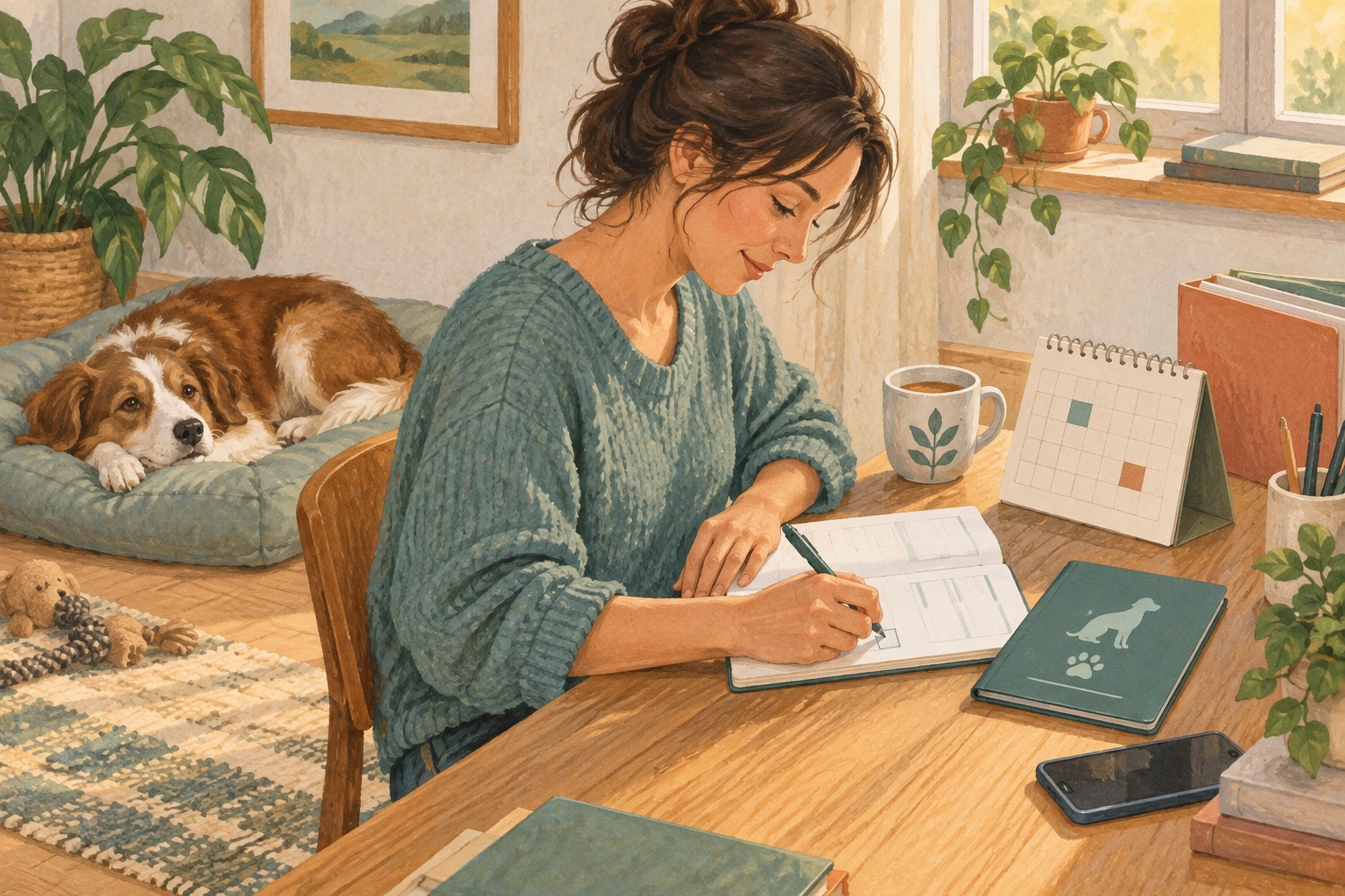 A caregiver recording a confirmed appointment beside a vaccination booklet while the dog rests nearby