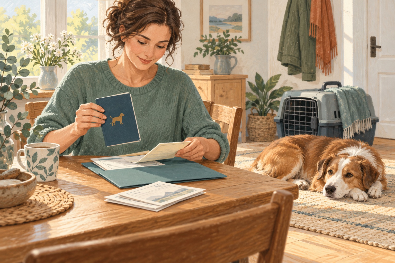 A caregiver organising a dog vaccination booklet and travel documents while the dog rests nearby