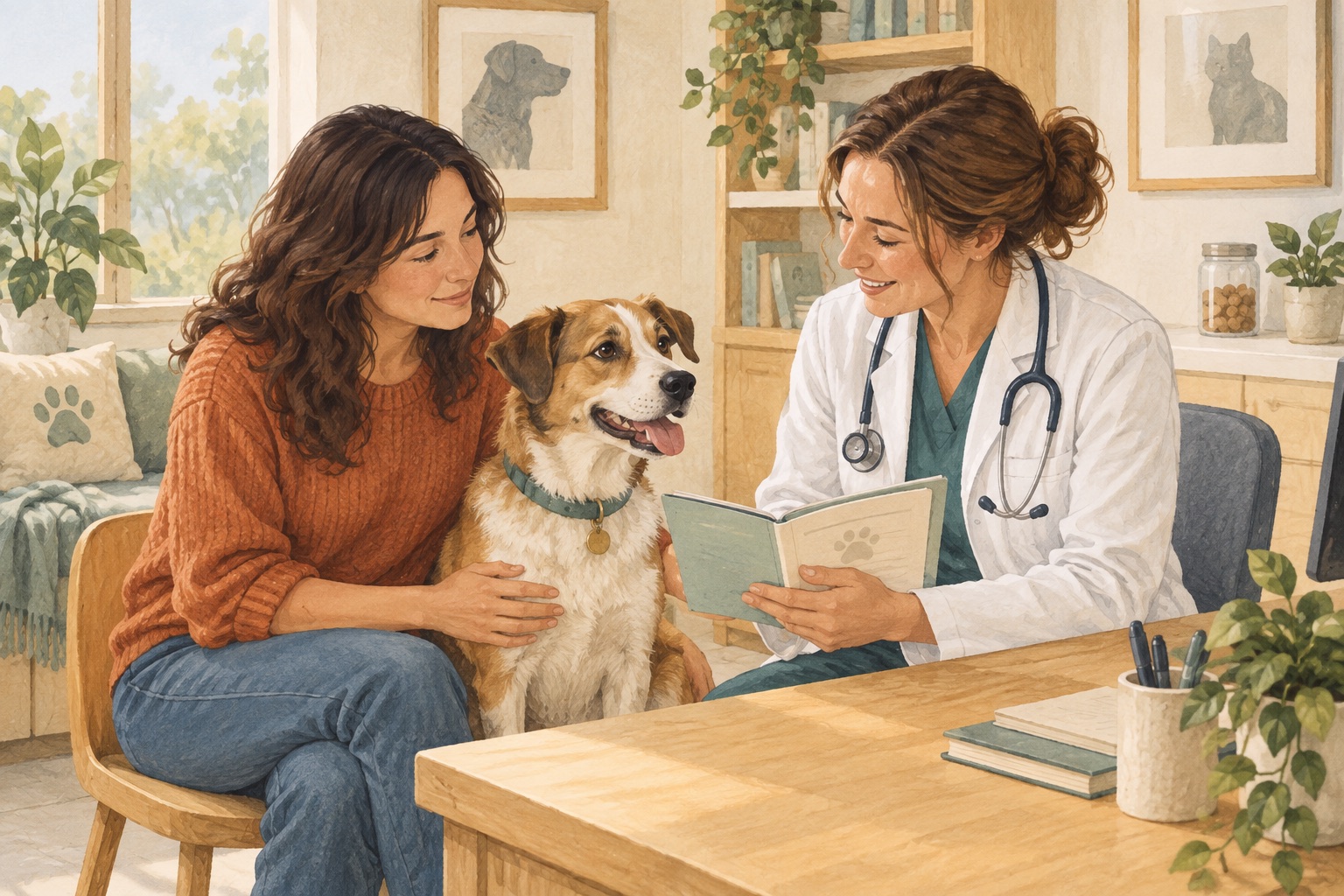 A veterinarian and caregiver reviewing a dog vaccination booklet beside a relaxed dog