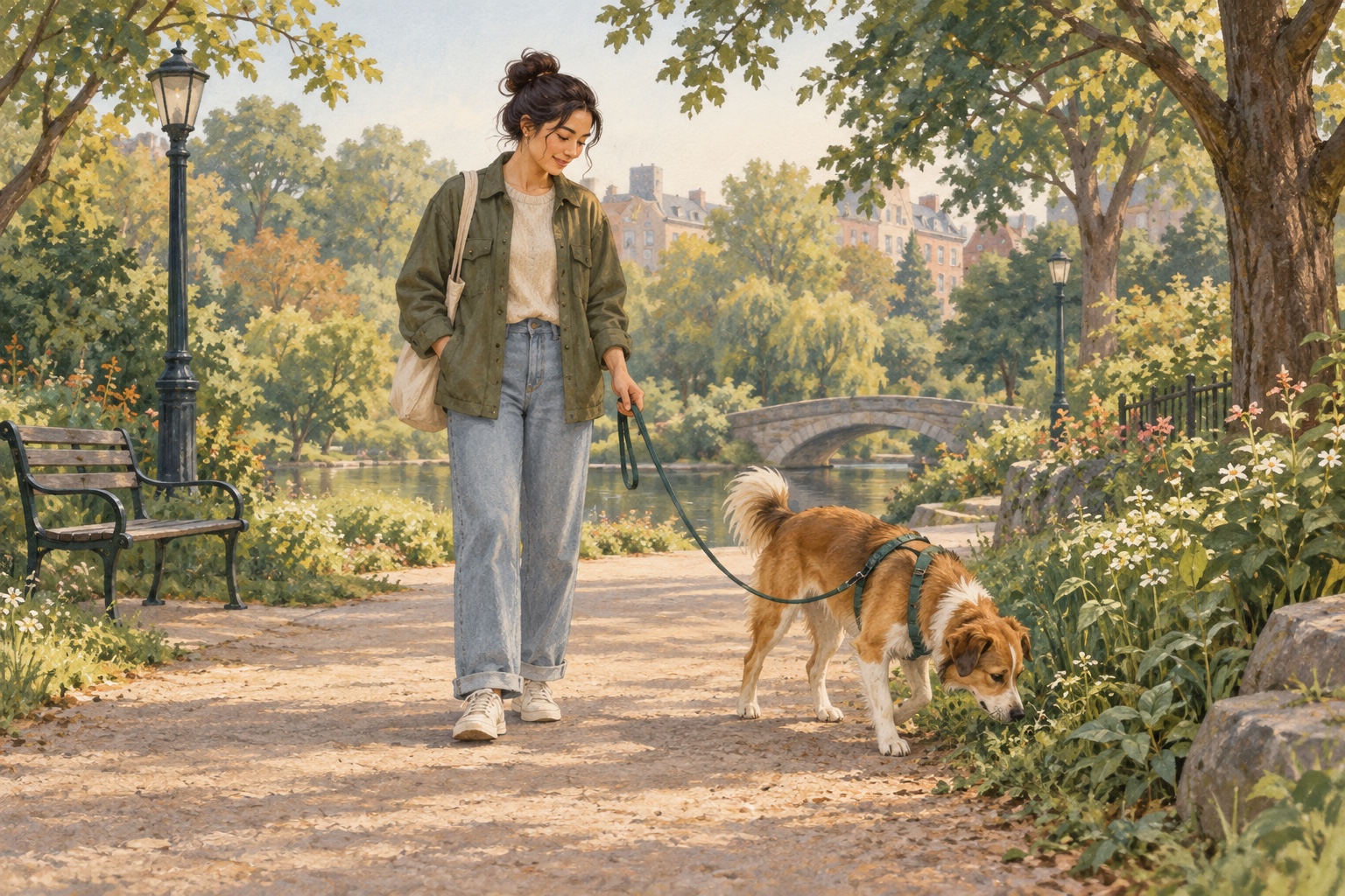 A person and dog beginning a calm morning walk on a quiet tree-lined path
