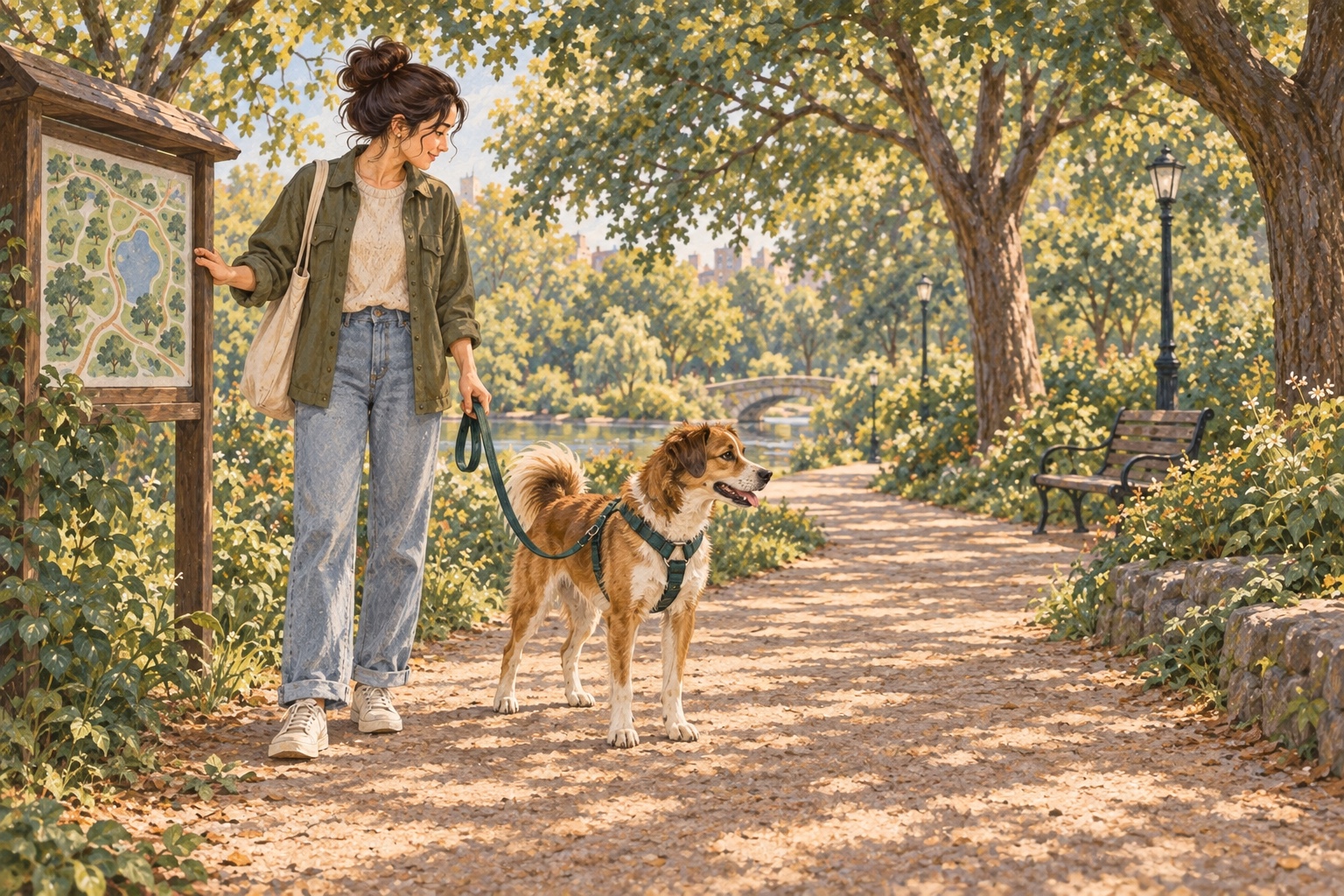 A caregiver and dog checking a shaded park route with a comfortable harness and relaxed lead
