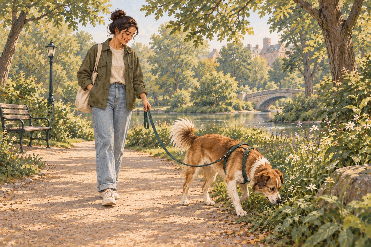 A dog pausing to sniff wildflowers beside a quiet park path while a caregiver gives it space