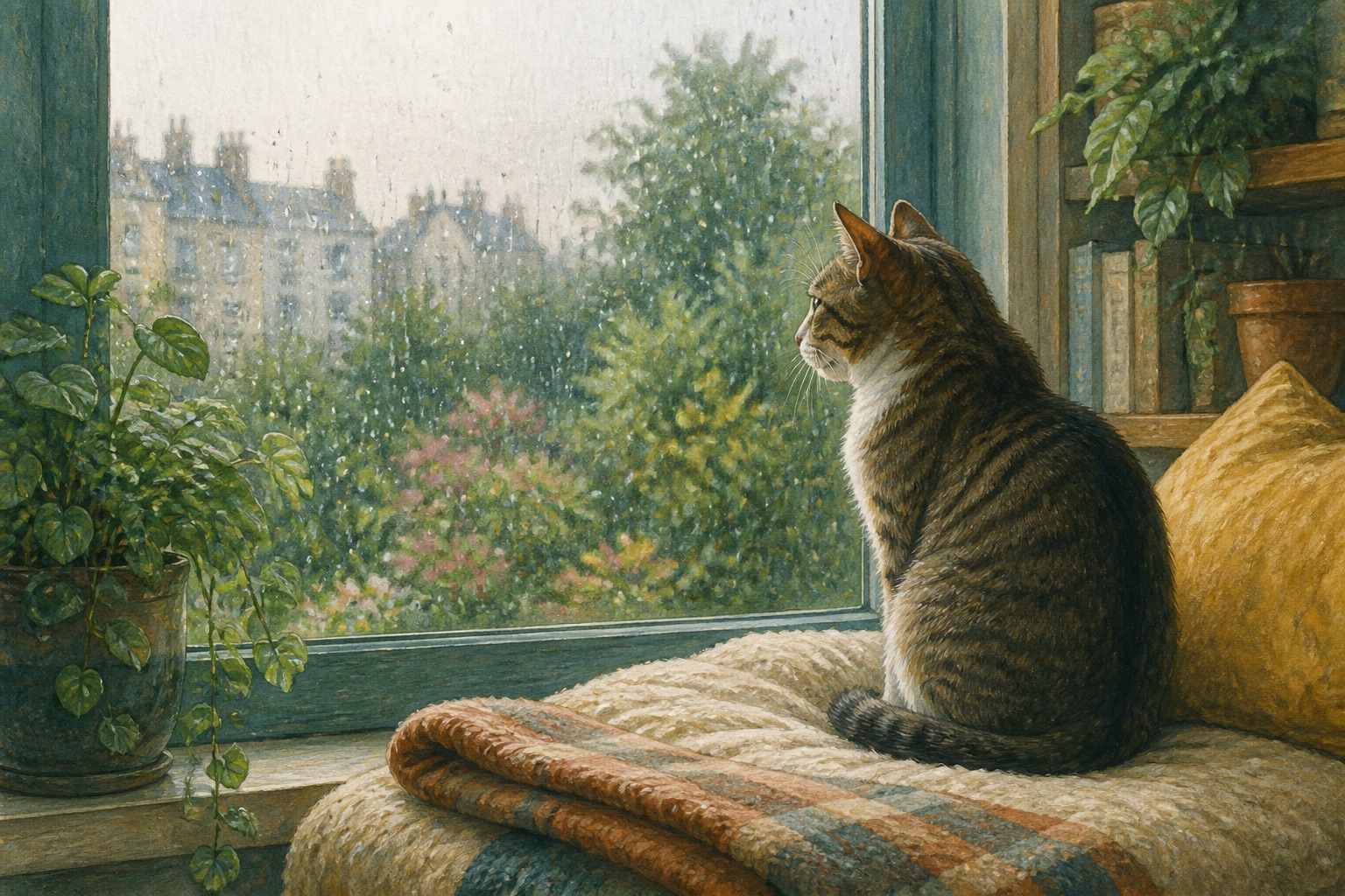A cat resting on a perch beside a rainy window