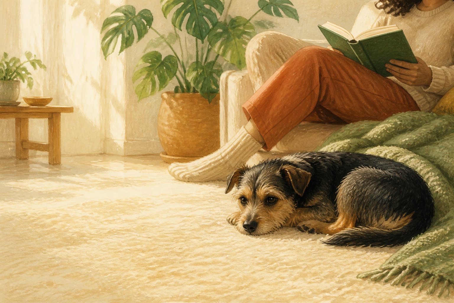 A newly adopted dog resting at home beside a person