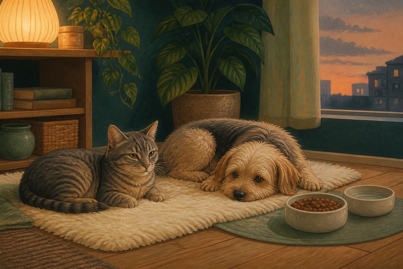 A cat and dog resting beside a tidy feeding station at dusk