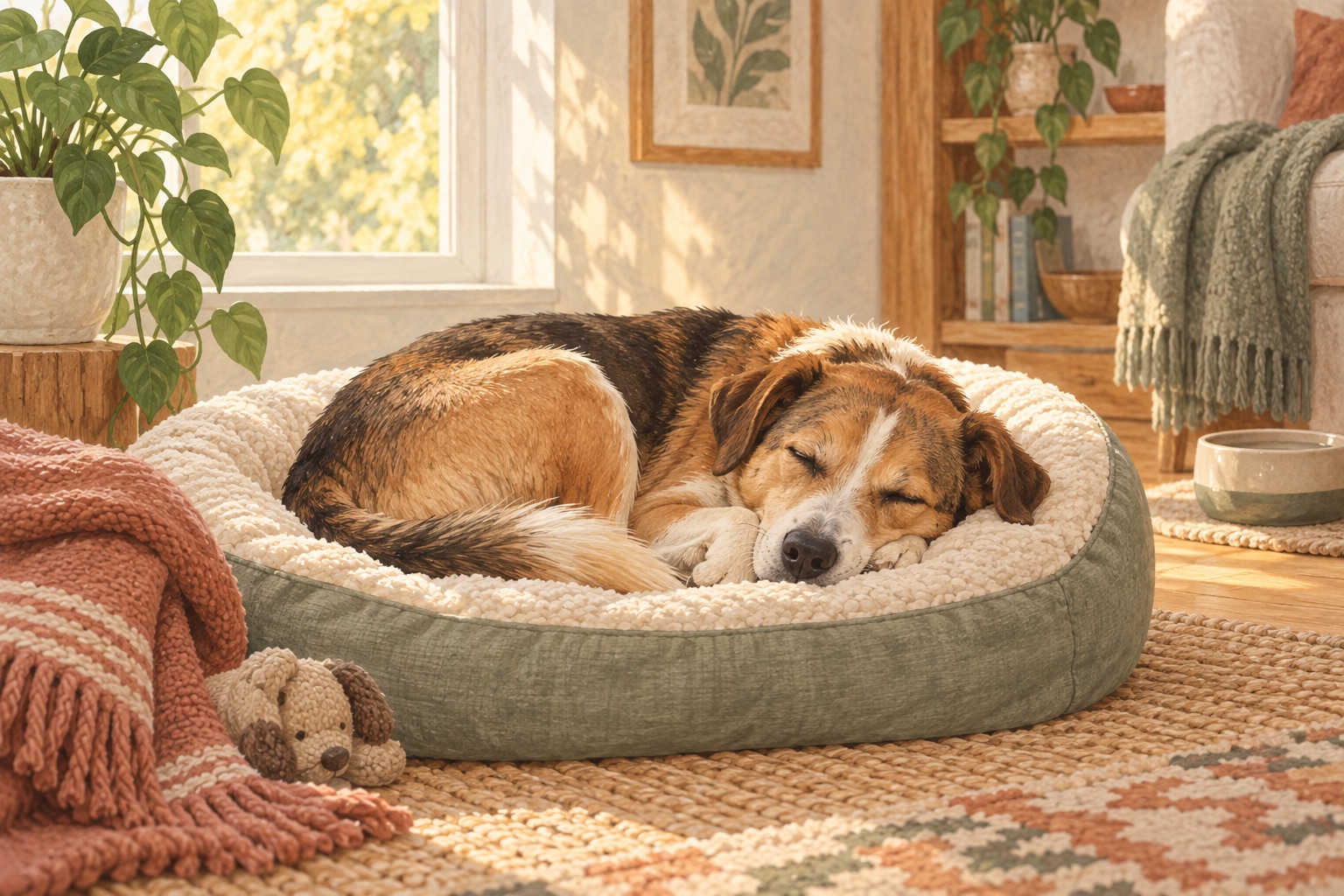 A mixed-breed dog sleeping peacefully in a soft bed beside a sunny window