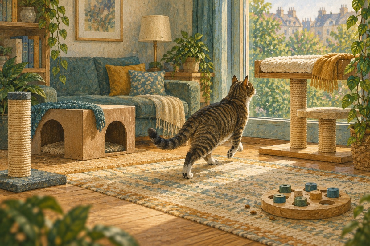 An indoor cat choosing between a raised window perch, two-exit cardboard hide, scratching post and simple foraging puzzle