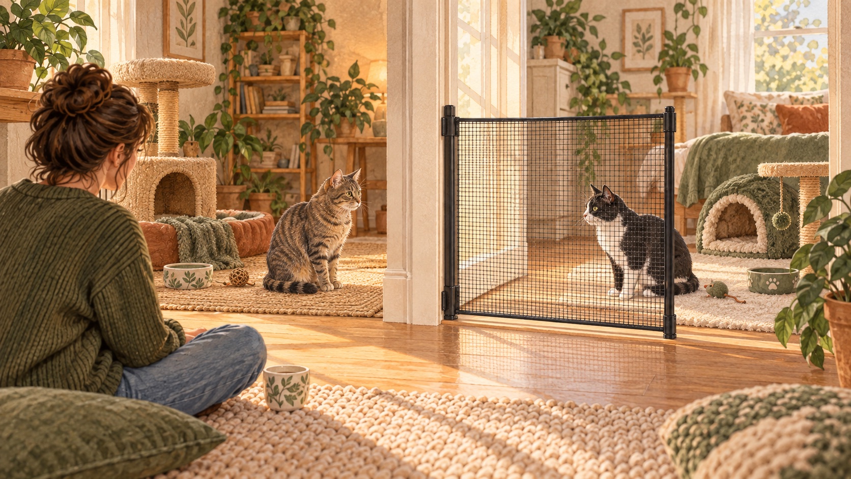 Dos gatos se observan desde habitaciones cómodas separadas por una malla segura mientras una cuidadora permanece cerca