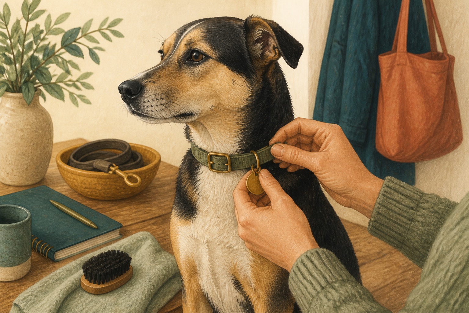 A person fastening a name tag on a calm dog beside a notebook