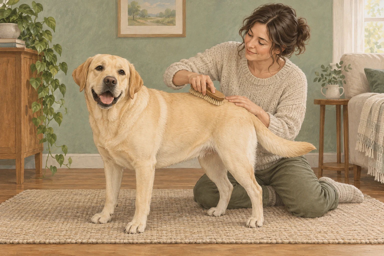Una persona inginocchiata su un tappeto spazzola il dorso di un Labrador giallo in casa