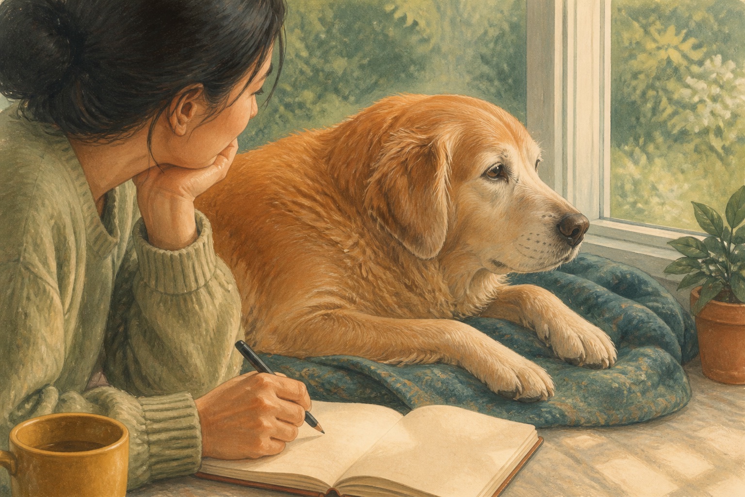 A senior dog resting by a window while a person keeps a notebook nearby