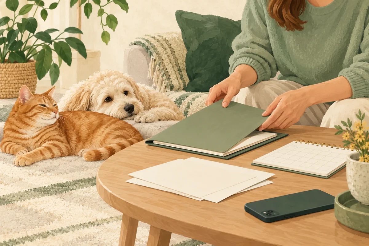 Una persona sistema una cartella accanto a un cane e un gatto a riposo.