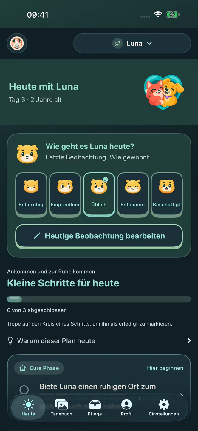 Lokalisierte Nuzzleway-Ansicht für eine tägliche Beobachtung mit einem Stimmungseintrag zum fiktiven Hund Luna