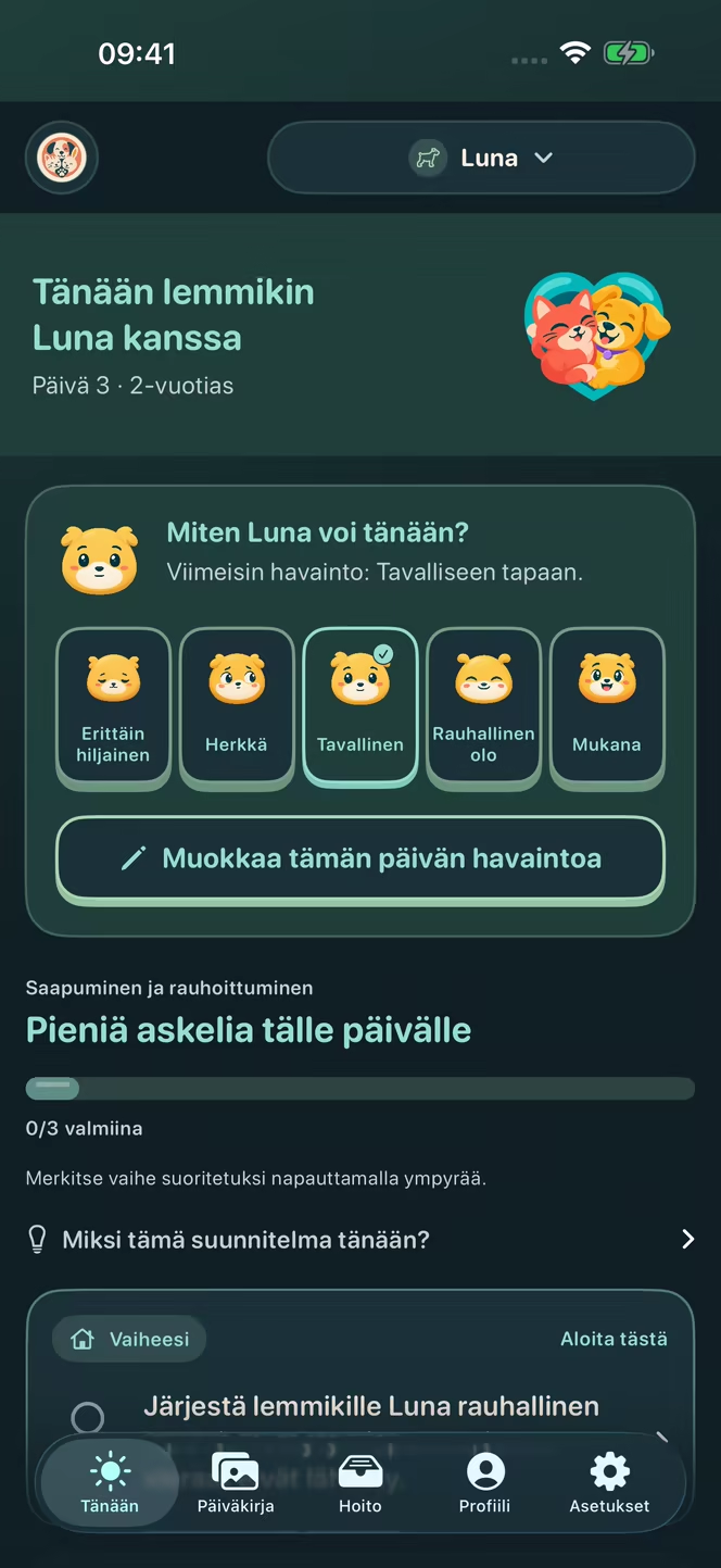 Nuzzlewayn suomenkielinen päivittäisen havainnon näkymä ja kuvitteellisen Luna-koiran mielialamerkintä