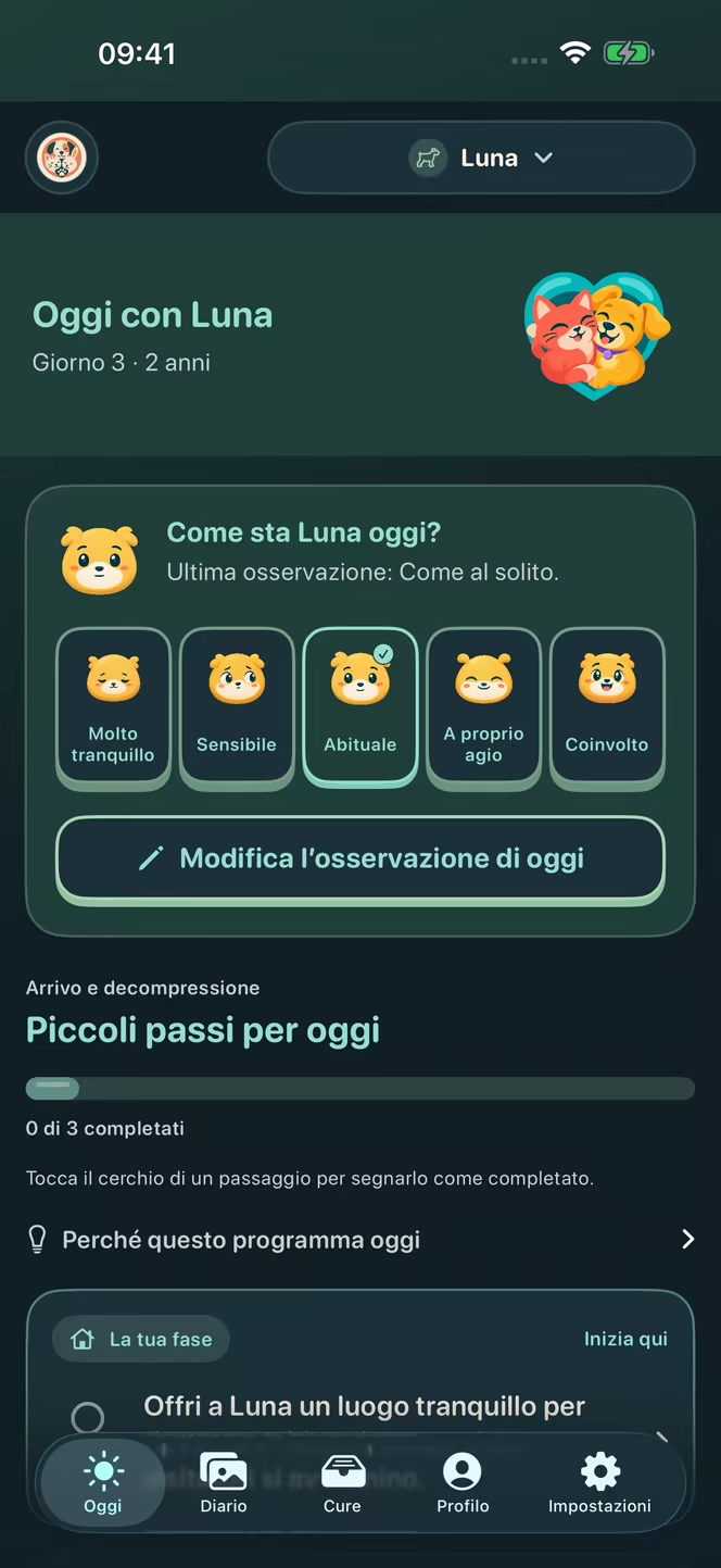 Schermata italiana dell’osservazione quotidiana di Nuzzleway con una nota sull’umore di Luna, cane fittizio