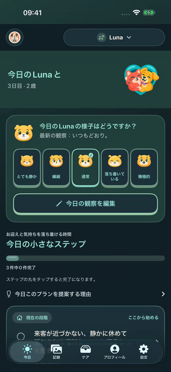 Nuzzlewayの日々の観察画面。架空の犬ルナについて、いつもの様子を記録する例です。ペットとデータは架空です。