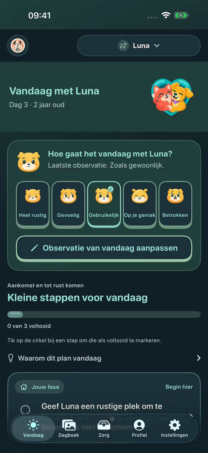 Nederlandse Nuzzleway-weergave voor een dagelijkse observatie met een stemmingsnotitie over de fictieve hond Luna