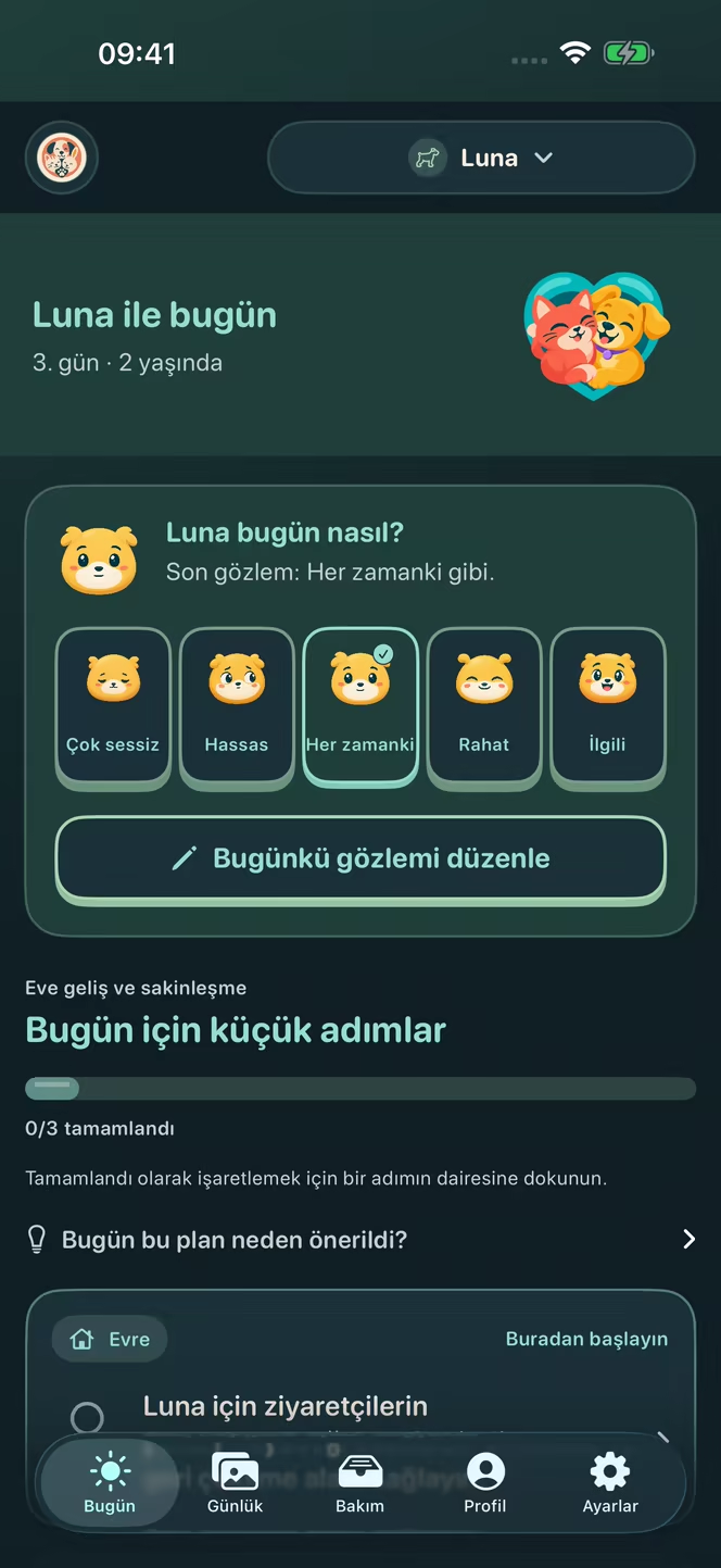 Nuzzleway günlük gözlem ekranında kurgusal köpek Luna’nın her zamanki halinin kaydı; hayvan ve veriler kurgusaldır.