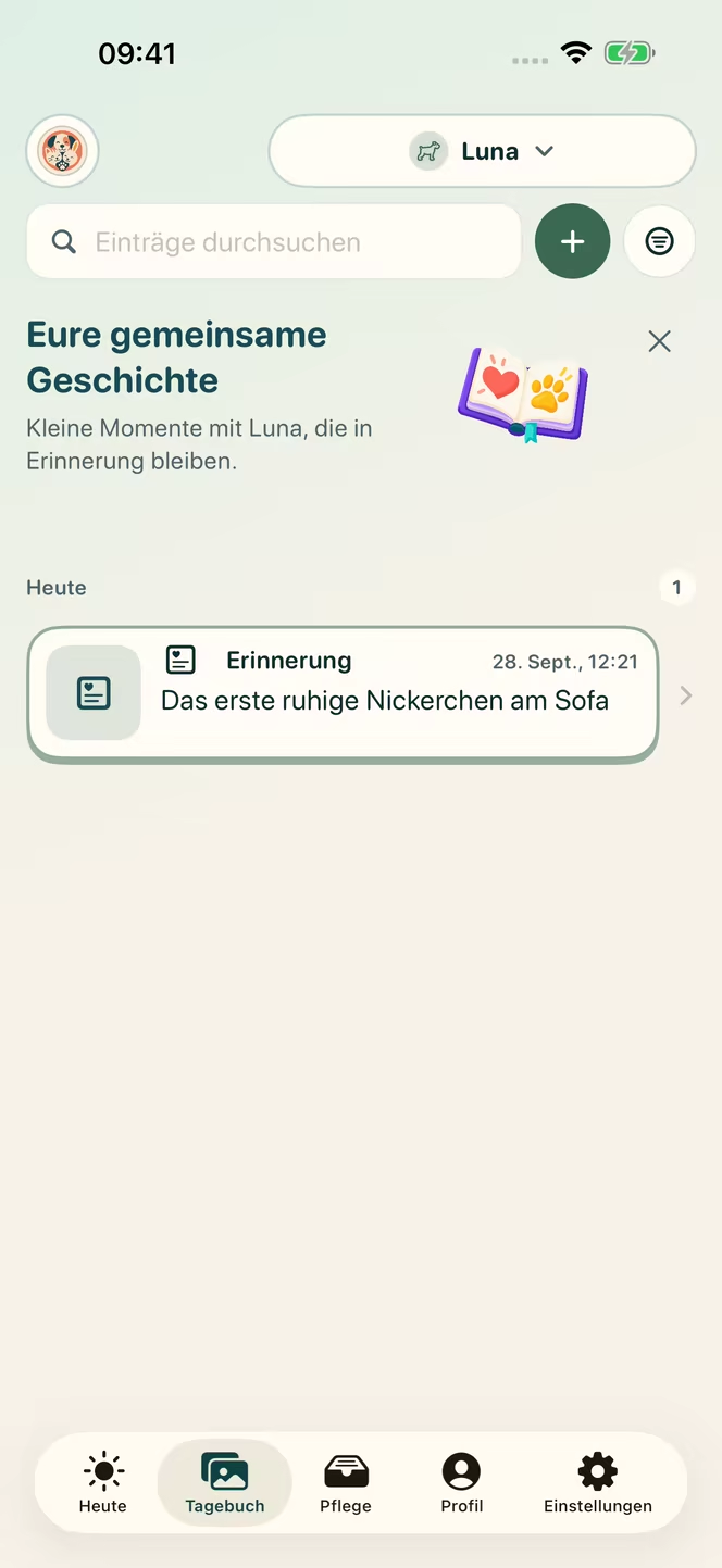 Lokalisierte Nuzzleway-Tagebuchansicht mit einer datierten Erinnerung an die erste ruhige Schlafpause des fiktiven Hundes Luna