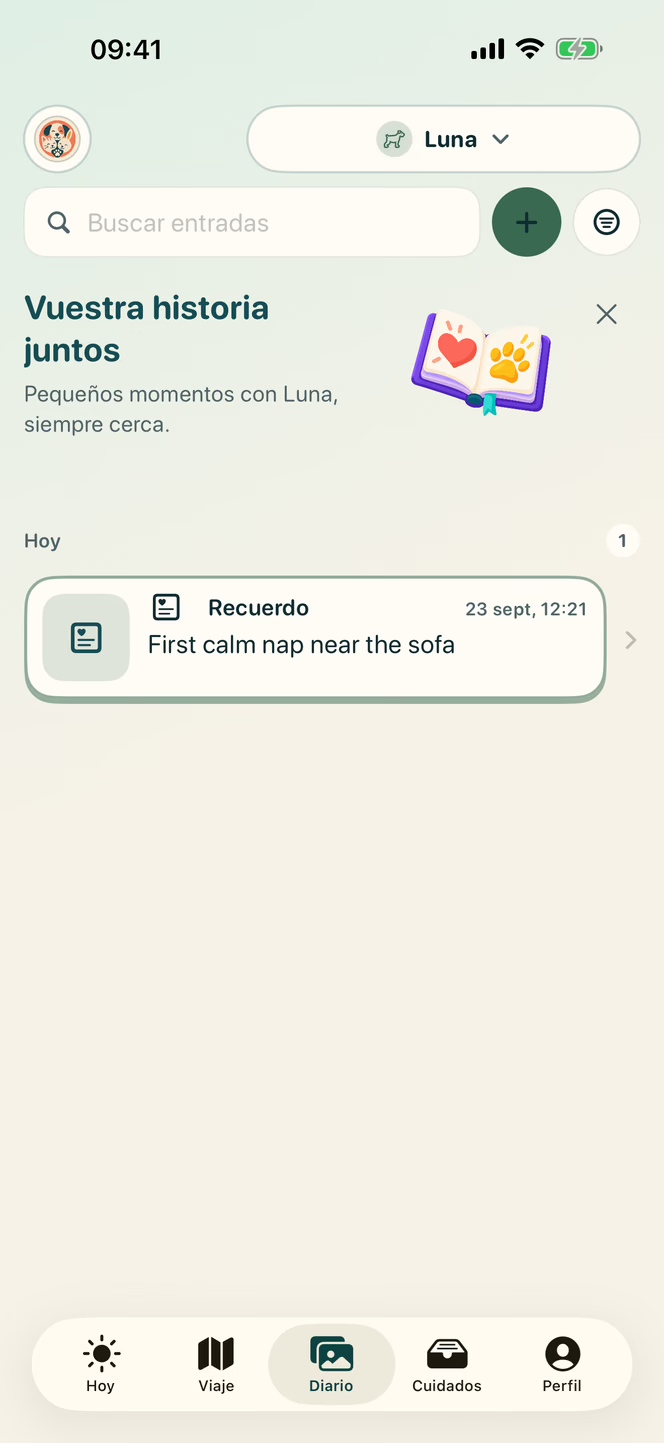 Diario de Nuzzleway en español con un recuerdo fechado de la mascota ficticia Luna