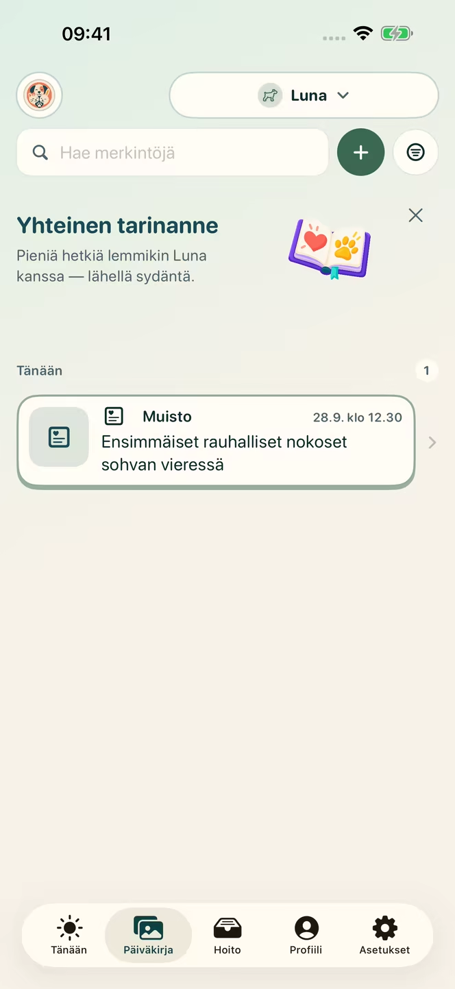 Nuzzlewayn suomenkielinen päiväkirja ja päivätty muisto kuvitteellisen Luna-koiran ensimmäisistä rauhallisista päiväunista