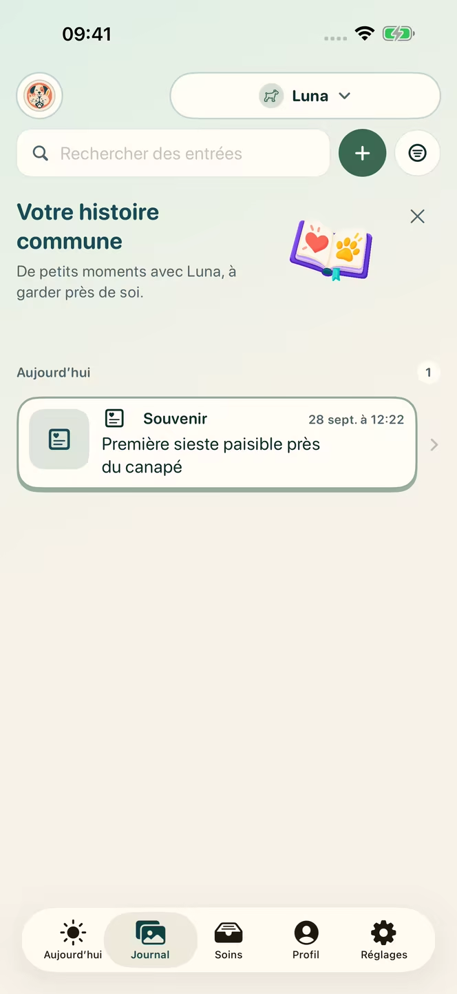 Journal de Nuzzleway en français avec un souvenir daté de la première sieste paisible de Luna, chien fictif