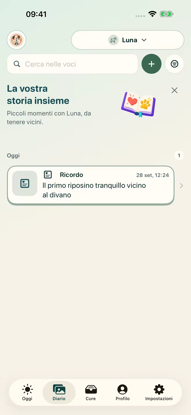 Diario di Nuzzleway in italiano con un ricordo datato del primo riposino tranquillo di Luna, cane fittizio