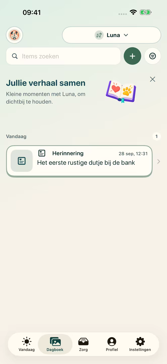 Nederlandse Nuzzleway-dagboekweergave met een gedateerde herinnering aan het eerste rustige dutje van de fictieve hond Luna