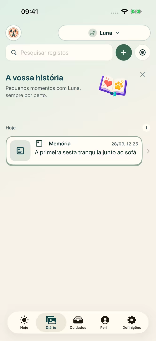 Diário do Nuzzleway com a memória datada da primeira sesta tranquila de Luna, uma cadela fictícia, como exemplo da aplicação para várias espécies, sem representar um caso clínico.