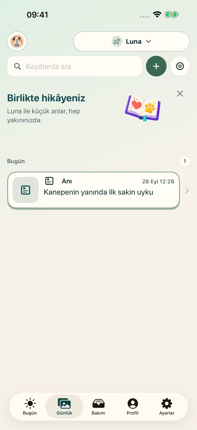 Nuzzleway günlüğünde kurgusal köpek Luna’nın ilk huzurlu şekerlemesine ait tarihli anı; farklı hayvan türlerini destekleyen uygulama örneğidir, klinik vaka değildir.